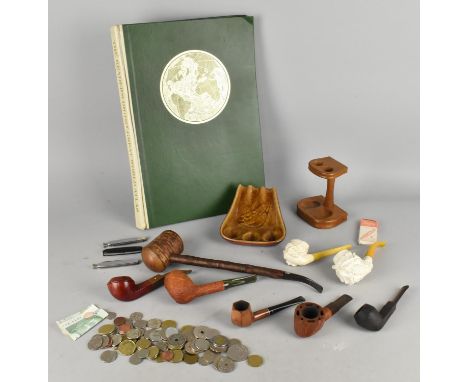 A Collection of Various Pipes, Italian Ceramic and Leather Mounted Pipe Stand, Pipe Tampers Together with a World Atlas and C