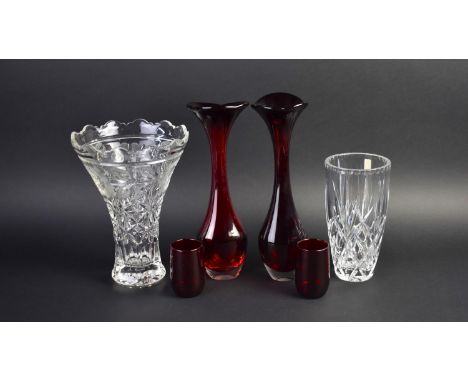 A Collection of Plain and Coloured Glass to Comprise Ruby Glass Vases, Beakers and Two Plain Glass Vases