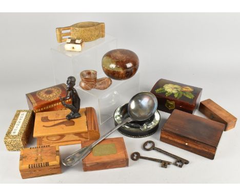 A Collection of Various Wooden Cigarette Boxes, Carved Items, Silver Plated Ladle, Playing Card Box, African Souvenir Figure 