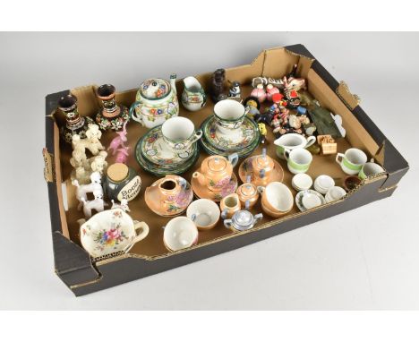A Collection of Various Miniatures to Include Cups and Saucers, Glass Poodles and Elephants, Novelty Items, Royal Crown Derby