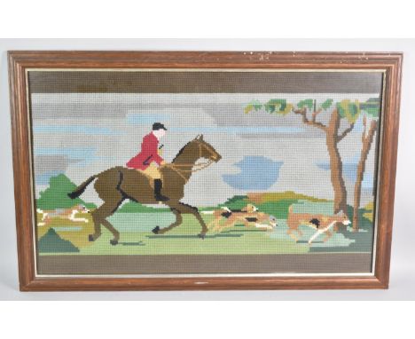 A Framed Tapestry, Sporting Scene with Huntsman and Hounds Chasing Fox, Subject 60x36cm
