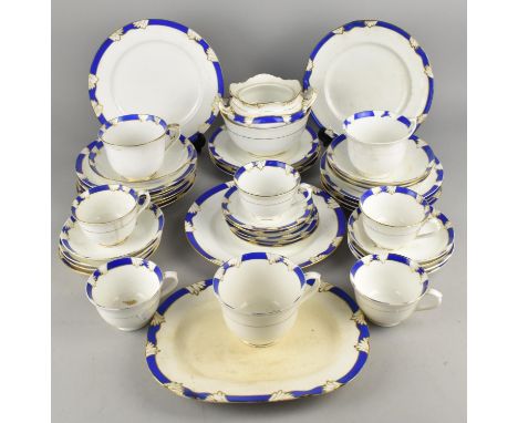 A Late 19th Century Porcelain Blue and Gilt Trim Service to Comprise Plates, Cups, Saucers, Shallow Bowls etc (Various Condit