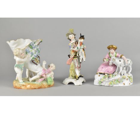 Three Pieces of 19th/20th Century Porcelain to Comprise Continental Group Modelled with Cornucopia Supported by Cherubs, Gree