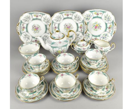 An Adderley Lowestoft Tea Set to Comprise Teapot, Three Cake Plates, Six Cups, Eight Saucers, Fourteen Side Plates, Milk Jug,