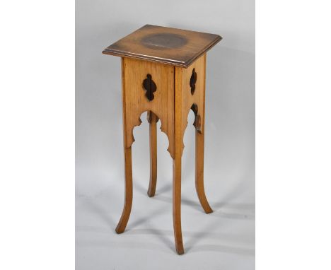An Edwardian Light Oak Square Topped Torchere Stand, 77cms High