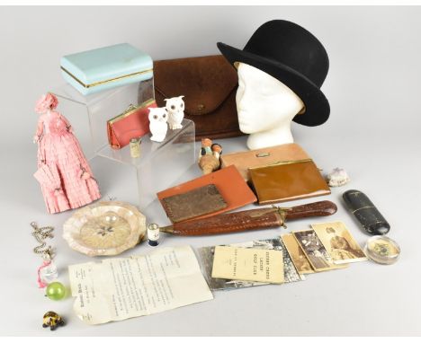 A Collection of Various Vintage and Later Items to Comprise Leather Purses, Porcelain Head Doll, Bowler Hat, Ceramic Owl Crue