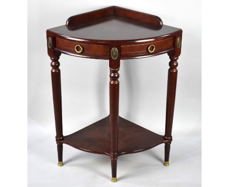 A Modern Mahogany Galleried Demilune Corner Table with Stretcher Shelf, Ormolu Mounts, 64cms Wide