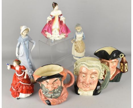 Three Royal Doulton Character Jugs, Falstaff, The Lawyer and Night Watchman Together with Four Ceramic Ladies to Include Roya