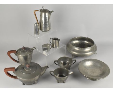 A Collection of Various Pewter to Comprise Period Pewter Three Piece Tea Service, Craftsman Pewter Footed Bowl, Pedestal Bowl