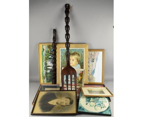 A Collection of Various Pictures, Prints, Large Carved African Souvenir Fork etc