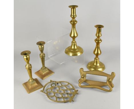 A Collection of Various Brass to Comprise Two Pairs of Candlesticks, Art Nouveau Letter Box/Knocker Plate and an Owl Trivet