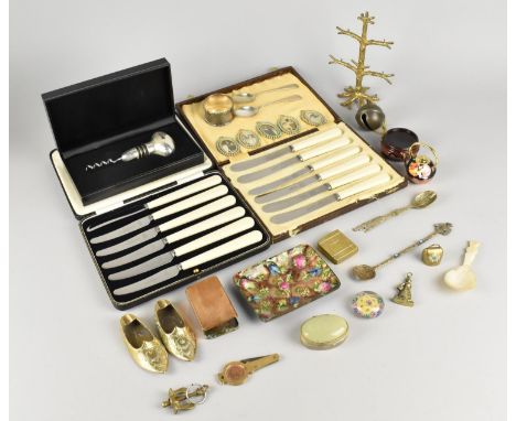 A Collection of Various Metalwares to Comprise Cased Knives, Corkscrew, Brassware, Ring Tree, Ornaments etc