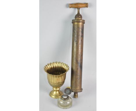 A Vintage Brass Cylindrical Sprayer, Modern Brass Vase and a Brass and Glass Edwardian Inkwell