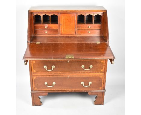 An Edwardian Inlaid Fall Front Bureau with Three Long Drawers to Base, Bracket Feet, 76cms Wide