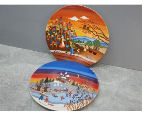 2 nicely decorated collectable Poole pottery transfer plates from the 1980s, 423 Autumn 1 and 424 Winter 1 by Barbara Fursten