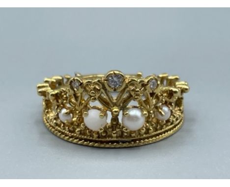 18ct gold pearl and diamond crown ring 4.15g size P