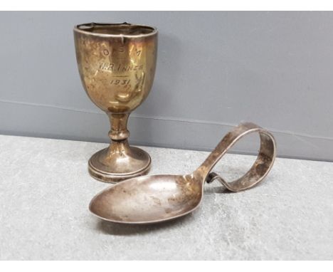 2 hallmarked silver items includes Birmingham 1926 trophy and Sheffield 1953 feeding spoon, 32.8g