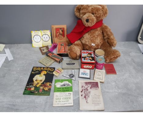 Box of assorted old memorabilia including vintage hair clippers, Honky Tonk harmonica and Teddy bear etc