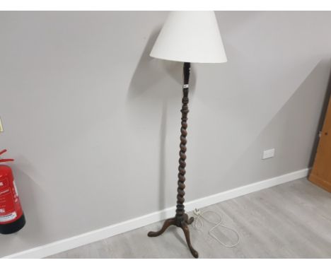 Mahogany barley twist pedestal standard lamp and shade on tri foot support