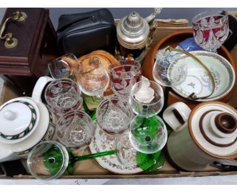 Box of miscellaneous items includes glass, beer Stein, clocks, nao figure etc