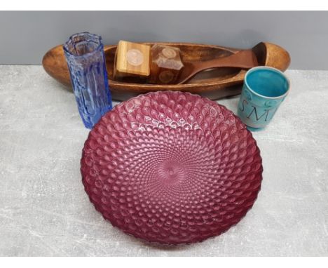 Mixed items to including whitefriars style vase, rustic bowl spoon, boat, coin cubes together with wheel thrown and handcraft