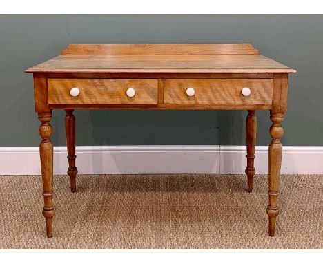 VICTORIAN SATIN WALNUT DRESSING TABLE, raised back to the moulded top, fitted two frieze drawers with ceramic handles, taperi