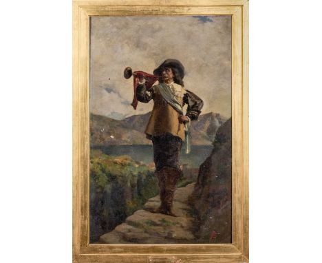 PROF F. COLOMBI oil on canvas - entitled 'The Alarm', full body portrait of Cavalier trumpeter with fortifications in the cen