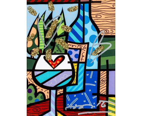 ‡ ROMERO BRITTO (Brazilian, b. 1963), diamond dust and oil pen on digital canvas print - 'Love Wine', signed, With COA 35 x 2