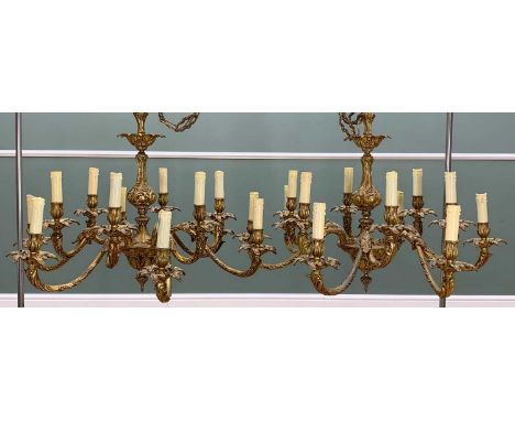 PAIR 19TH CENTURY FRENCH-STYLE BRASS 12-LIGHT CHANDELIERS, with six bifurcated foliate arms, with ceiling roses and chains, 5