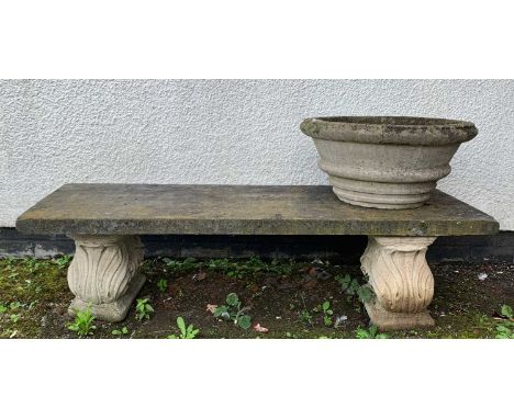 STONE GARDEN BENCH, rectangular with associated acanthus scrolled composition supports, 40h x 152.5w x 56cms d, and compositi