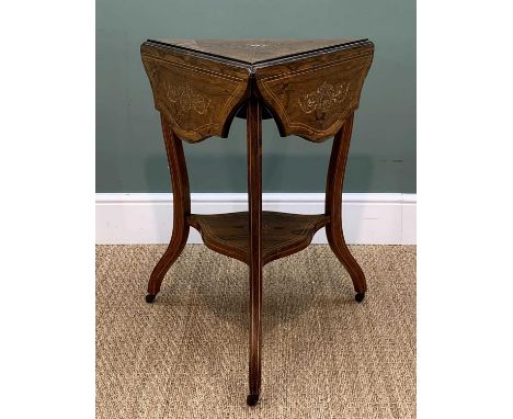 LATE 19TH CENTURY ROSEWOOD TRIANGULAR OCCASIONAL TABLE, shaped drop-flap top with boxwood stringing, ivorine marquetry motifs