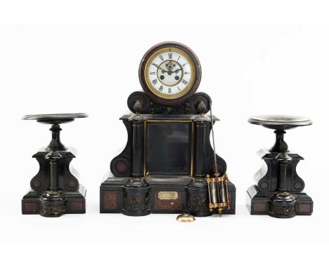 LATE 19TH CENTURY SLATE CLOCK GARNITURE, with tazza supporters, 8-day two train movement striking a bell, mercury pendulum, e