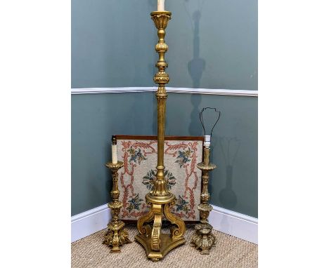 THREE DECORATIVE CONTINENTAL STYLE LAMPS, comprising giltwood standard lamp, and two gilt resin table lamps similar, and a fi