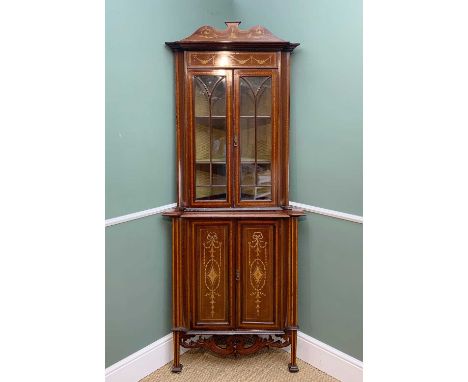 EDWARDIAN MAHOGANY MARQUETRY STANDING CORNER CABINET, inlaid with floral garlands and swags, the upper section fitted astraga