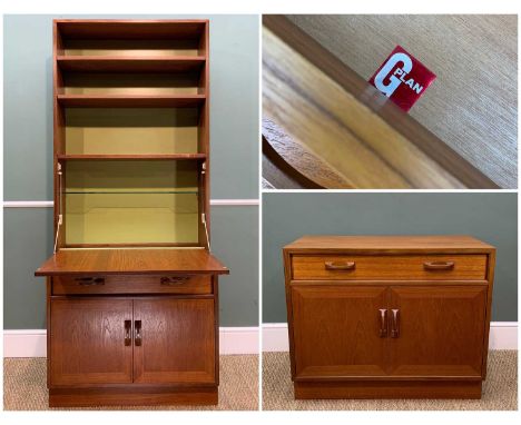 MID-CENTURY G-PLAN TEAK LOUNGE FURNITURE comprising two cabinets, single frieze drawer above cupboard, plus one freestanding 