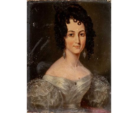 EARLY 19TH CENTURY SCHOOL oil on panel - portrait of a young lady in white dress, with lace sleeves and emeralds to the bodic