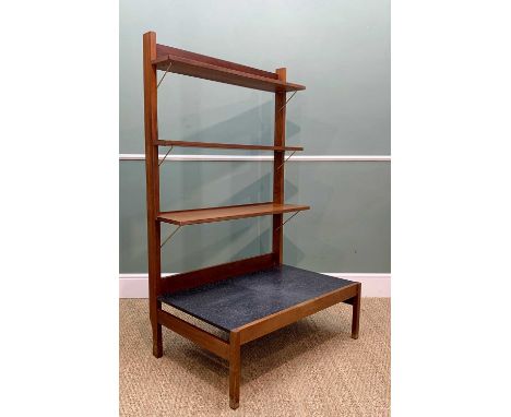  GUY ROGERS: MID-CENTURY TEAK SHELVING UNIT, from his Beverley Hills range, solid teak frame supporting three adjustable shel