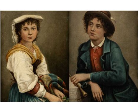 19TH CENTURY ITALIAN SCHOOL oils on canvas - portrait of lady with flower, portrait of man with flute, both 26.5 x 19cms (a p