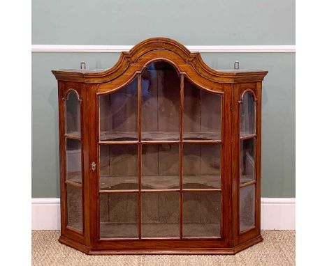 DUTCH WALNUT WALL CABINET, arched astragal glazed door, glazed angled sides, two shaped shelves, moulded base, 105w x 102h x 