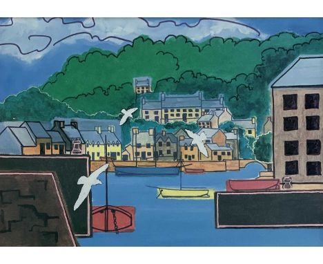 ‡ STAN ROSENTHAL colour print - harbour scene with anchored boats, 17.5 x 24.5cmsComments: framed and glazed