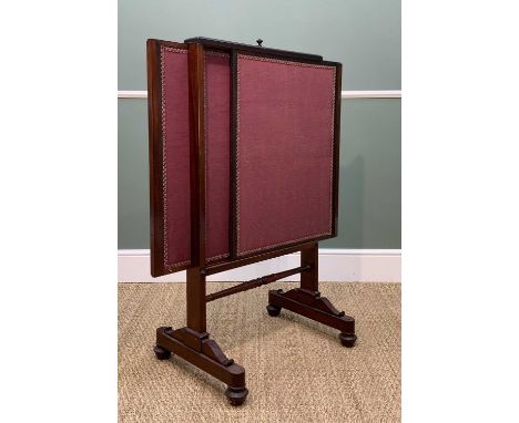 EARLY 19TH CENTURY MAHOGANY FIRESCREEN, with three rising/sliding purple fabric-lined leaves, on trestle supports and turned 