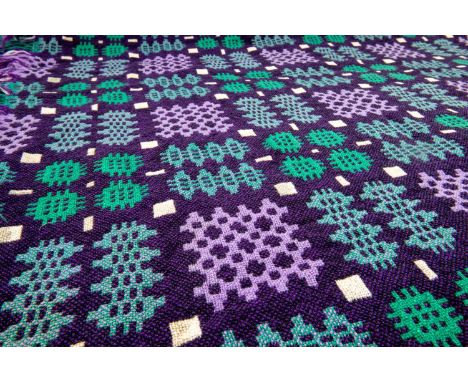 WELSH WOOLLEN TAPESTRY BLANKET, woven in 5-colours with purple, green, white, lilac and black yarns, fringe, 173 x 224cms