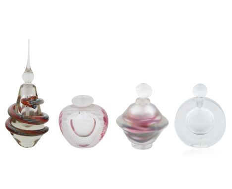 GROUP OF FOUR HAND-BLOWN GLASS PERFUME BOTTLES comprising:  a) JAMES CLARKE HAND-BLOWN GLASS PERFUME BOTTLE, of balbous form,