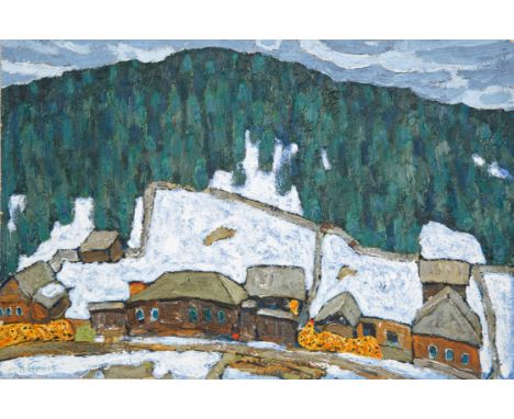 KIM BRITOV (RUSSIAN B 1925-2010)Ural Village,1972oil on cardboard33 x 49.5 cm (13 x 19 1/2 in.)signed lower left; dated and t