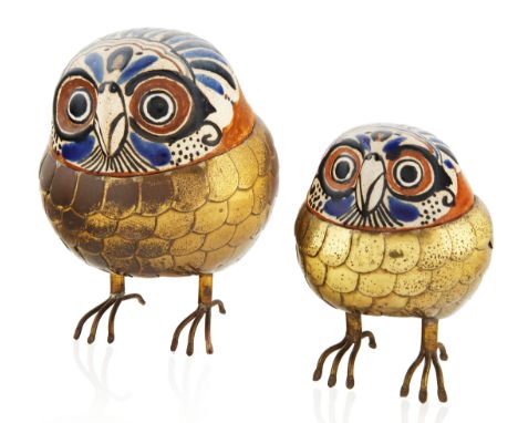 ALEXANDER BLAZQUEZ (MEXICAN 20TH CENTURY)Pair of Owls,circa 1960s-1970sbrass and ceramicheight of larger owl: 17 cm (6 3/4 in