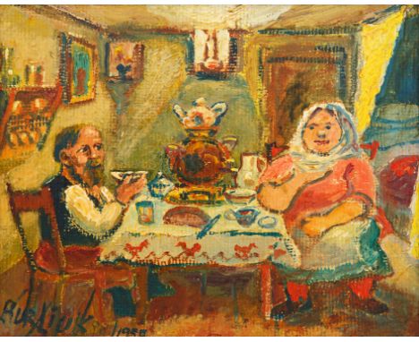 DAVID BURLIUK (RUSSIAN 1882-1967)Evening Tea for Two ,1955oil on canvas 20 x 26 cm (7 7/8 x 10 1/4 in.) signed and dated lowe