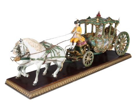 LUIGI FABRIS PORCELAIN HORSE-DRAWN CARRIAGEmodelled as carriage drawn by two white horses, the carriage featuring scenes of n