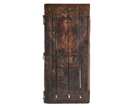 ARMENIAN PAINTED WOODEN DOORthe wood carved door with metal demi-lune architectural details, metal loops that were once attac