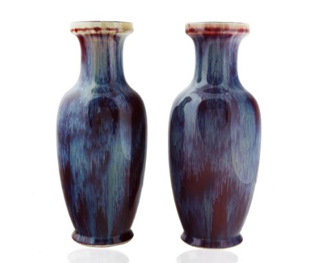 PAIR OF FLAMBE-GLAZED VASES, QIANLONG REIGN MARKbaluster form, each with streaks of red, light blue and purple giving each wi