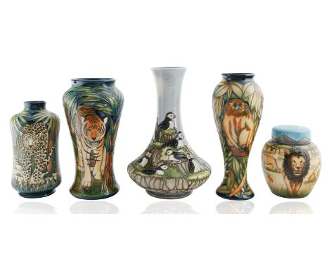 GROUP OF FIVE MOORCROFT ANIMAL VASESthe group of five Animal vases of various designs, shapes and sizes, each with impressed 